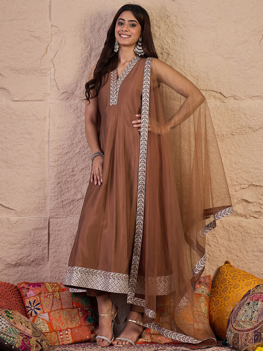 Women Floral Zari and Sequinned Embroidered Anarkali Kurta Set with Dupatta