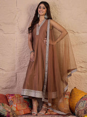 Women Floral Zari and Sequinned Embroidered Anarkali Kurta Set with Dupatta