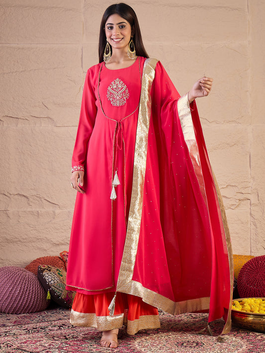 Floral Embroidered Zari Georgette Anarkali Kurta With Palazzos & Dupatta