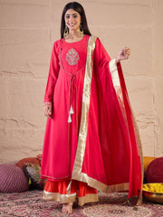 Floral Embroidered Zari Georgette Anarkali Kurta With Palazzos & Dupatta