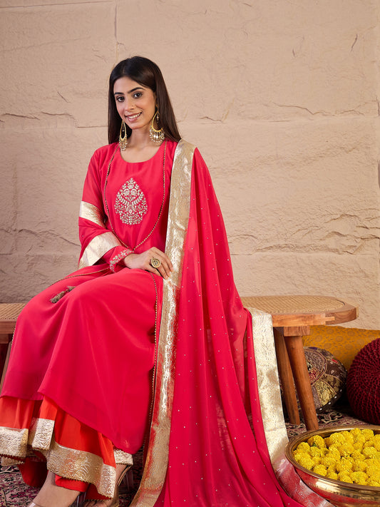 Floral Embroidered Zari Georgette Anarkali Kurta With Palazzos & Dupatta