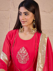 Floral Embroidered Zari Georgette Anarkali Kurta With Palazzos & Dupatta