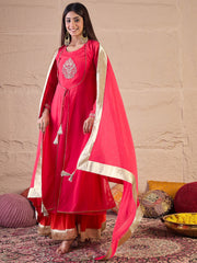 Floral Embroidered Zari Georgette Anarkali Kurta With Palazzos & Dupatta