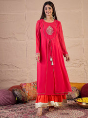 Floral Embroidered Zari Georgette Anarkali Kurta With Palazzos & Dupatta