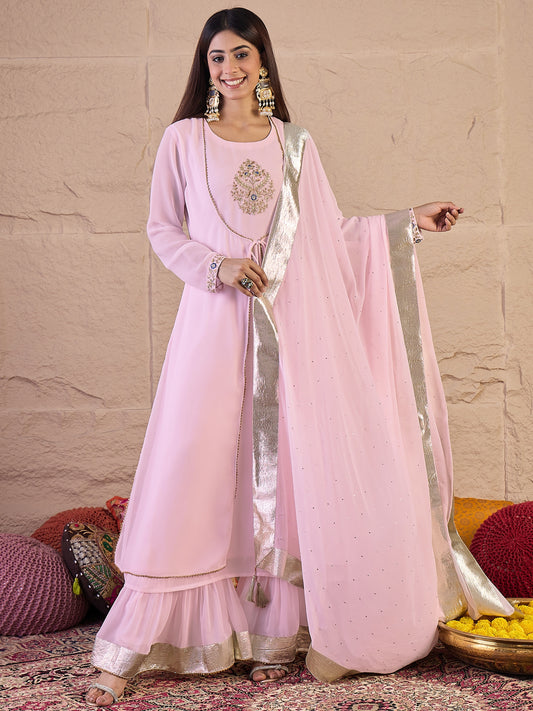 Floral Embroidered Thread Work Anarkali Kurta With Palazzos & Dupatta