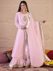 Floral Embroidered Thread Work Anarkali Kurta With Palazzos & Dupatta