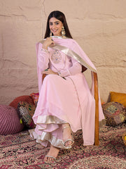 Floral Embroidered Thread Work Anarkali Kurta With Palazzos & Dupatta