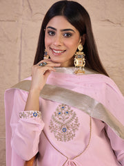 Floral Embroidered Thread Work Anarkali Kurta With Palazzos & Dupatta