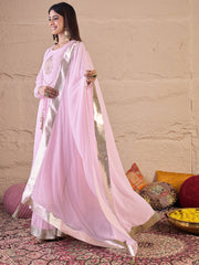 Floral Embroidered Thread Work Anarkali Kurta With Palazzos & Dupatta