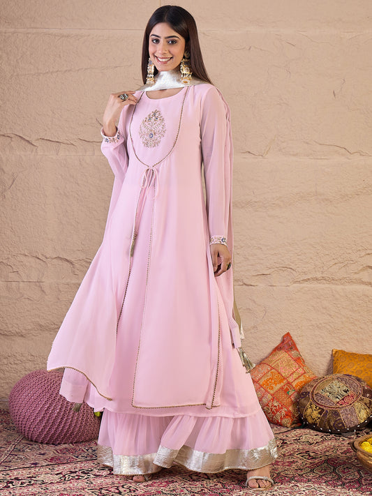 Floral Embroidered Thread Work Anarkali Kurta With Palazzos & Dupatta