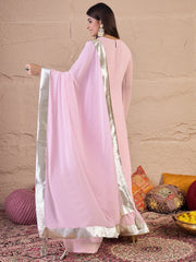 Floral Embroidered Thread Work Anarkali Kurta With Palazzos & Dupatta