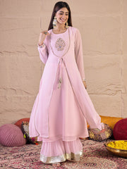 Floral Embroidered Thread Work Anarkali Kurta With Palazzos & Dupatta