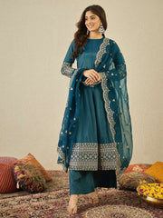 Women Floral Zari and Sequinned Embroidered Anarkali Kurta Set with Dupatta