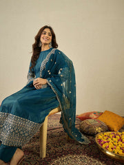 Women Floral Zari and Sequinned Embroidered Anarkali Kurta Set with Dupatta