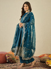 Women Floral Zari and Sequinned Embroidered Anarkali Kurta Set with Dupatta