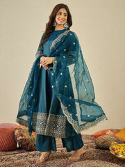 Women Floral Zari and Sequinned Embroidered Anarkali Kurta Set with Dupatta