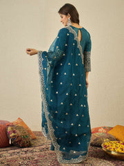 Women Floral Zari and Sequinned Embroidered Anarkali Kurta Set with Dupatta