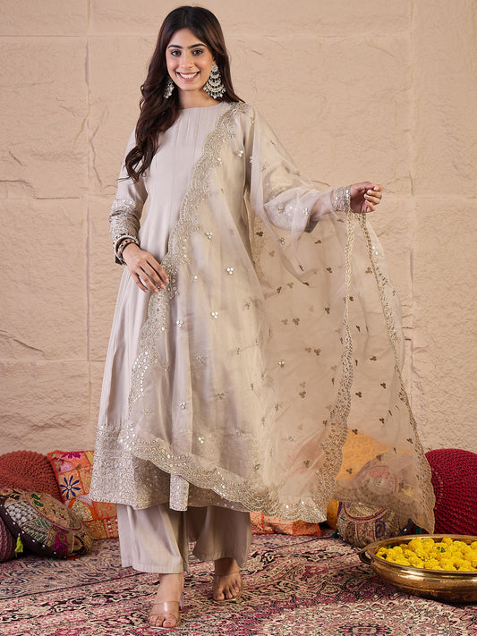 Women Floral Zari and Sequinned Embroidered Anarkali Kurta Set with Dupatta