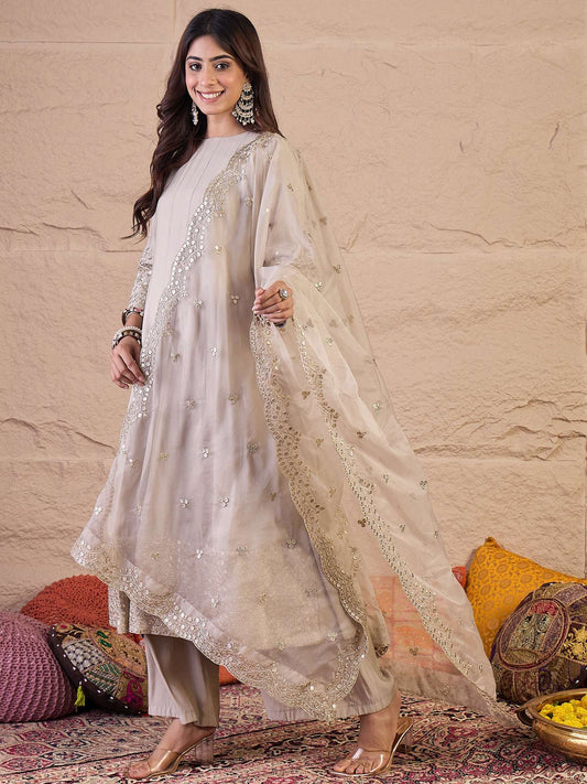 Women Floral Zari and Sequinned Embroidered Anarkali Kurta Set with Dupatta