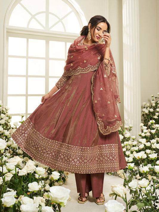 Floral Yoke Design Sequinned Anarkali Kurta With Palazzos & Dupatta