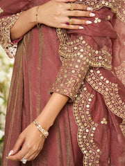 Floral Yoke Design Sequinned Anarkali Kurta With Palazzos & Dupatta