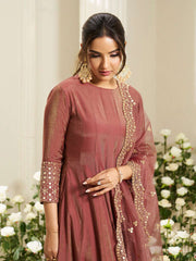 Floral Yoke Design Sequinned Anarkali Kurta With Palazzos & Dupatta