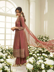 Floral Yoke Design Sequinned Anarkali Kurta With Palazzos & Dupatta