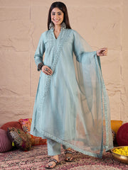Embroidered Chikankari Straight Kurta With Trousers And Dupatta