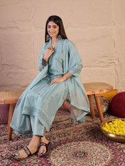 Embroidered Chikankari Straight Kurta With Trousers And Dupatta