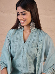 Embroidered Chikankari Straight Kurta With Trousers And Dupatta