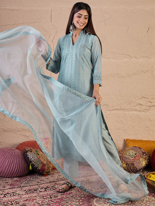 Embroidered Chikankari Straight Kurta With Trousers And Dupatta