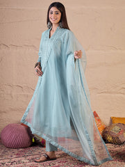 Embroidered Chikankari Straight Kurta With Trousers And Dupatta