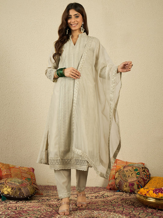 Ethnic Motifs Embroidered Mandarin Collar Chikankari Kurta With Trousers & Dupatta