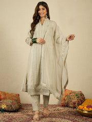 Ethnic Motifs Embroidered Mandarin Collar Chikankari Kurta With Trousers & Dupatta