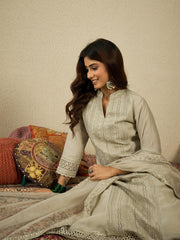 Ethnic Motifs Embroidered Mandarin Collar Chikankari Kurta With Trousers & Dupatta