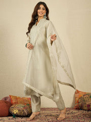 Ethnic Motifs Embroidered Mandarin Collar Chikankari Kurta With Trousers & Dupatta