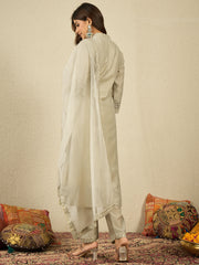 Ethnic Motifs Embroidered Mandarin Collar Chikankari Kurta With Trousers & Dupatta