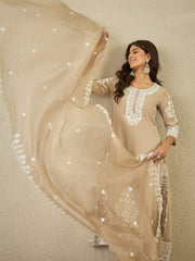 Women Floral Embroidered Round Neck Thread Work Kurta with Trousers & Dupatta