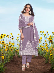 Floral Embroidered Thread Work Straight Kurta With Trousers And Dupatta