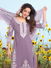 Floral Embroidered Thread Work Straight Kurta With Trousers And Dupatta