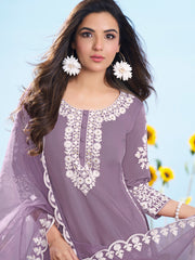 Floral Embroidered Thread Work Straight Kurta With Trousers And Dupatta