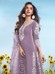 Floral Embroidered Thread Work Straight Kurta With Trousers And Dupatta