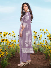 Floral Embroidered Thread Work Straight Kurta With Trousers And Dupatta
