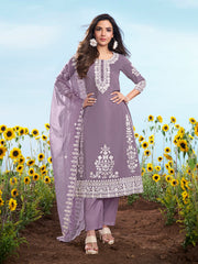 Floral Embroidered Thread Work Straight Kurta With Trousers And Dupatta