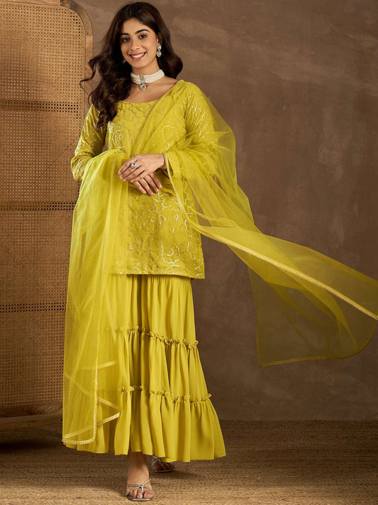 Women Floral Embroidered Kurta with Sharara & Dupatta
