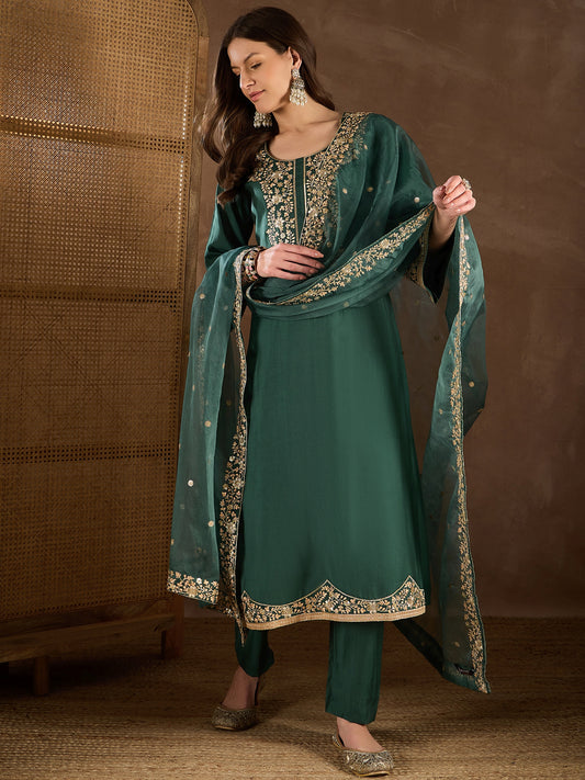 Women Floral Zari and Sequinned Embroidered Kurta Set with Dupatta