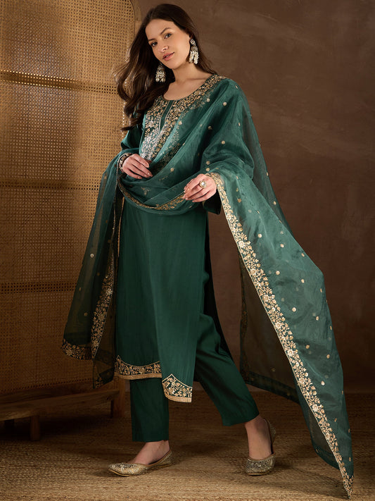 Women Floral Zari and Sequinned Embroidered Kurta Set with Dupatta