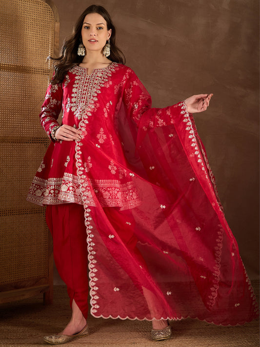 Floral Embroidered Notch Neck Zari Anarkali Kurta With Dhoti Pants & Dupatta