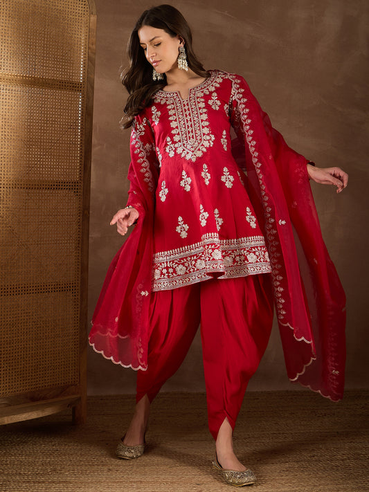 Floral Embroidered Notch Neck Zari Anarkali Kurta With Dhoti Pants & Dupatta