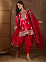 Floral Embroidered Notch Neck Zari Anarkali Kurta With Dhoti Pants & Dupatta